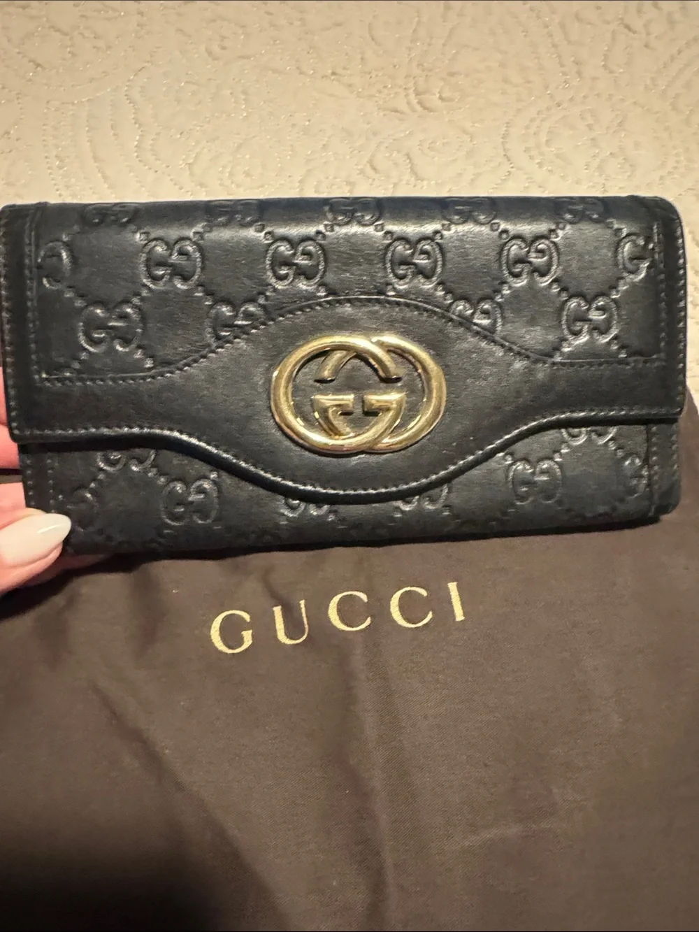 Gucci Black Embossed GG Leather Wallet with Gold Double G